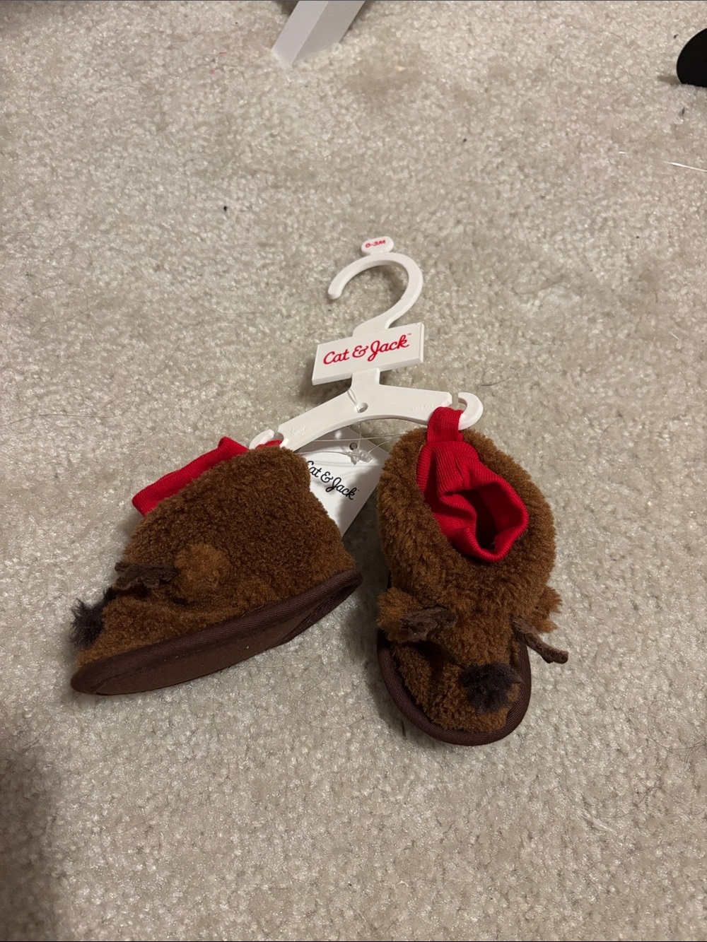 Cat & Jack Brown Reindeer Plush Kids Slipper Booties with Red Lining
